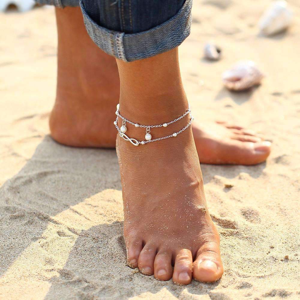 Line1: Infinity Pendent Pearl Anklet - Elegant Double Layer Design